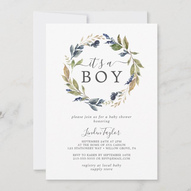 Autumn Greenery It's A Boy Baby Shower Invitation (Front)