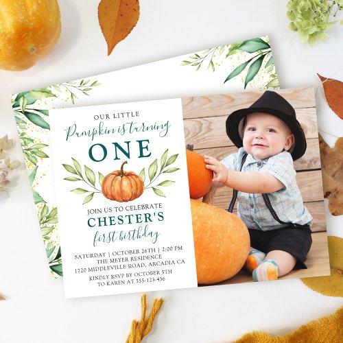 Autumn Greenery Little Pumpkin 1st Birthday Photo Invitation