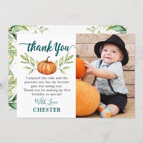 Autumn Greenery Little Pumpkin Fall Birthday Photo Thank You Card