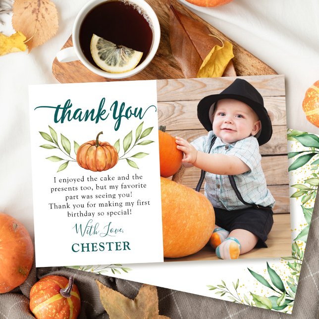 Autumn Greenery Little Pumpkin Fall Birthday Photo Thank You Card (Creator Uploaded)