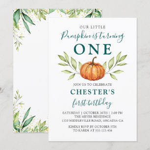 Autumn Greenery Little Pumpkin First Birthday Invitation