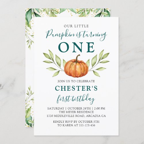 Autumn Greenery Little Pumpkin First Birthday Invitation