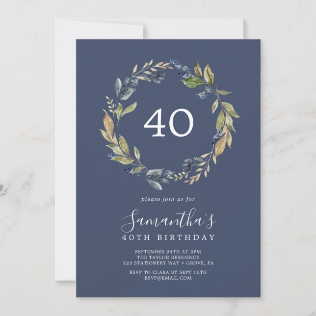 Autumn Greenery | Navy 40th Birthday Invitation (Front)