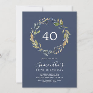 Autumn Greenery Navy 40th Birthday Invitation