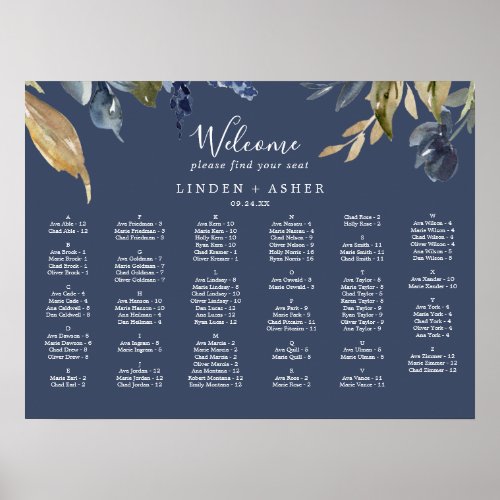 Autumn Greenery  Navy Alphabetical Seating Chart