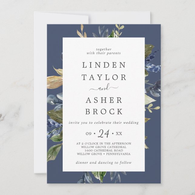Autumn Greenery | Navy Bold Names Wedding Invitation (Front)