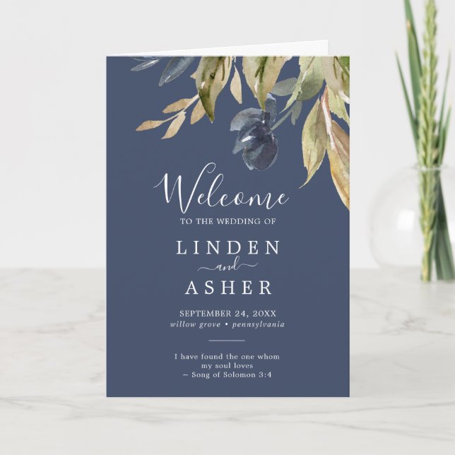 Autumn Greenery | Navy Folded Wedding Program (Front)
