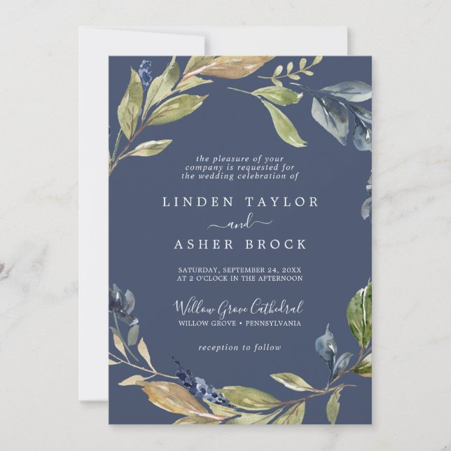 Autumn Greenery | Navy Formal Wedding Invitation (Front)