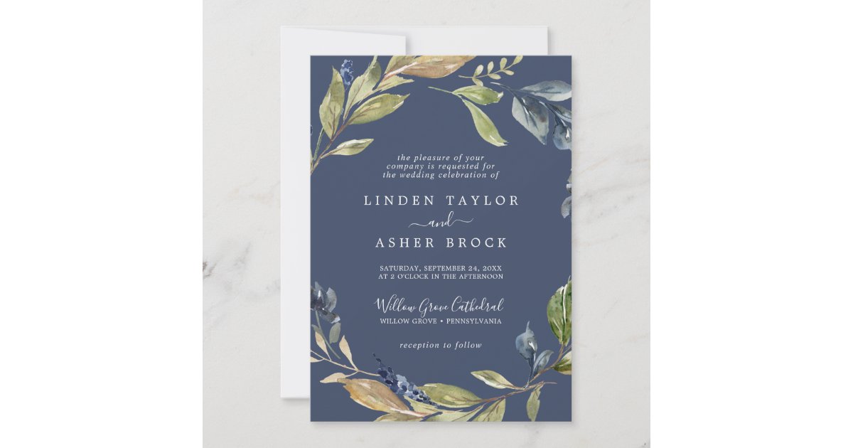 Autumn Greenery | Navy Formal Wedding Invitation | Zazzle