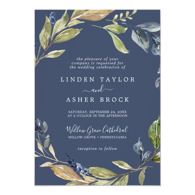 Autumn Greenery | Navy Formal Wedding Invitation
