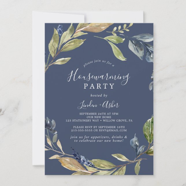 Autumn Greenery | Navy Housewarming Party Invitation (Front)