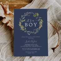 Autumn Greenery | Navy It's A Boy Baby Shower Invitation