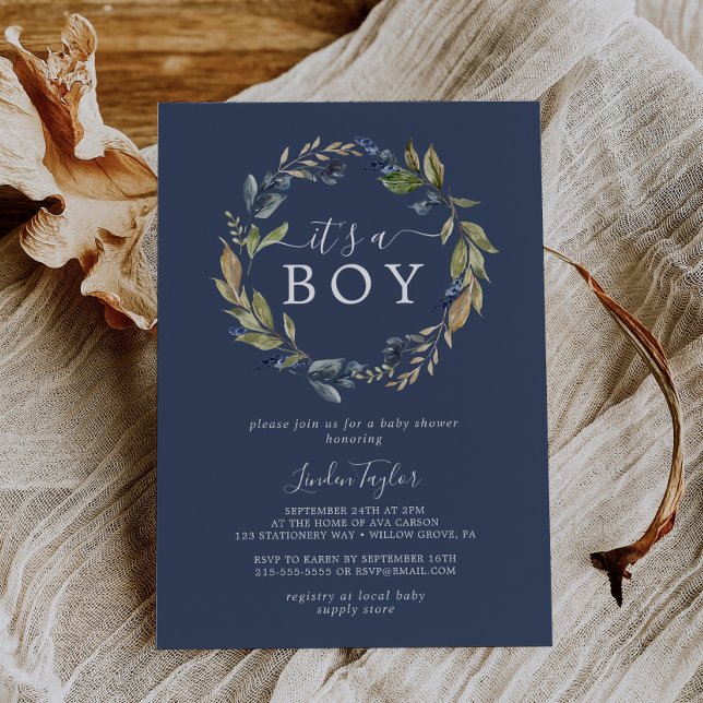 Autumn Greenery | Navy It's A Boy Baby Shower Invitation