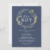 Autumn Greenery | Navy It's A Boy Baby Shower Invitation (Front)