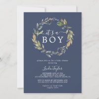 Autumn Greenery | Navy It's A Boy Baby Shower Invitation