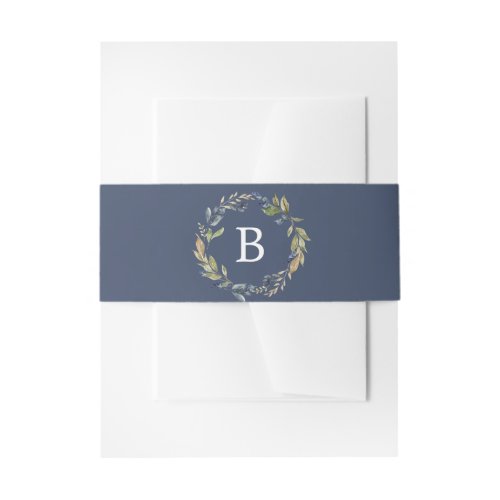 Autumn Greenery  Navy Monogram Wedding Invitation Belly Band