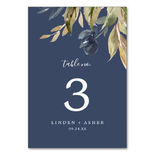 Autumn Greenery  Navy Table Number
