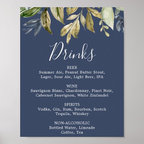 Autumn Greenery  Navy Wedding Drinks Menu Sign