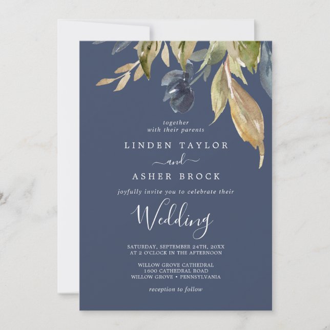Autumn Greenery | Navy Wedding Invitation (Front)