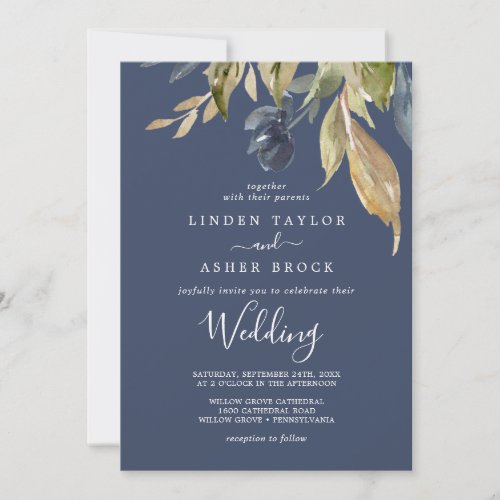 Autumn Greenery  Navy Wedding Invitation
