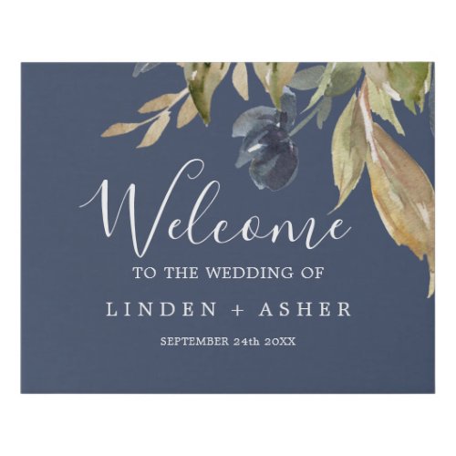Autumn Greenery  Navy Wedding Welcome Faux Canvas Print