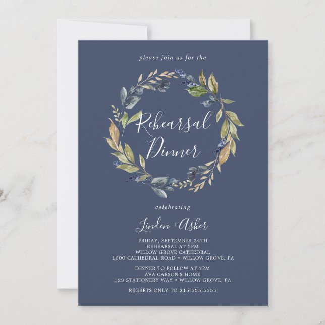 Autumn Greenery Navy Wreath Rehearsal Dinner Invitation (Front)