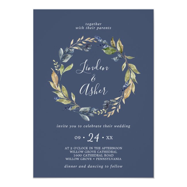 Autumn Greenery | Navy Wreath Wedding Invitation