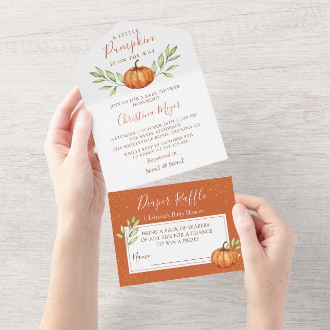 Autumn Greenery Pumpkin Baby Shower Diaper Raffle All In One Invitation (Tearaway)