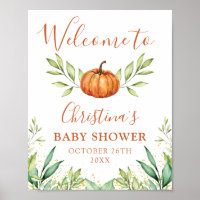 Autumn Greenery Pumpkin Fall Baby Shower Welcome Poster