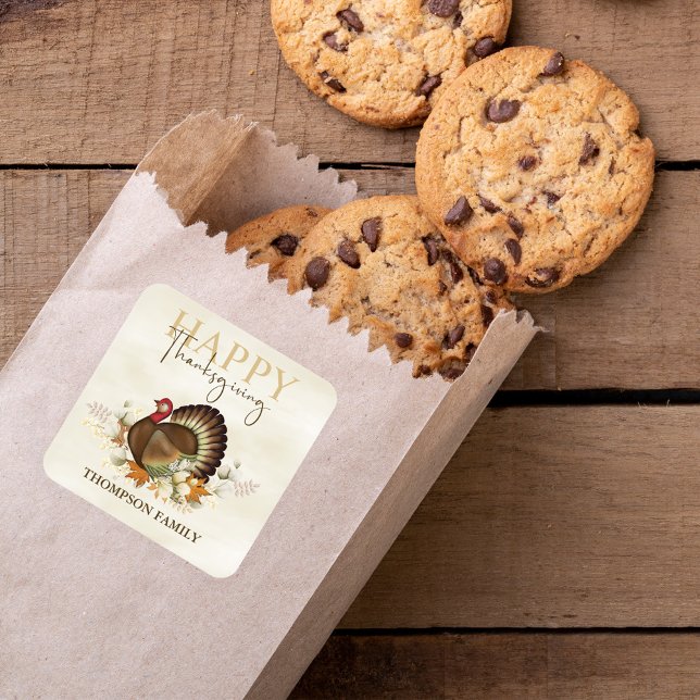 Autumn Greenery Watercolor Foliage Thanksgiving  Square Sticker (Happy Thanksgiving turkey with greenery and foliage. )