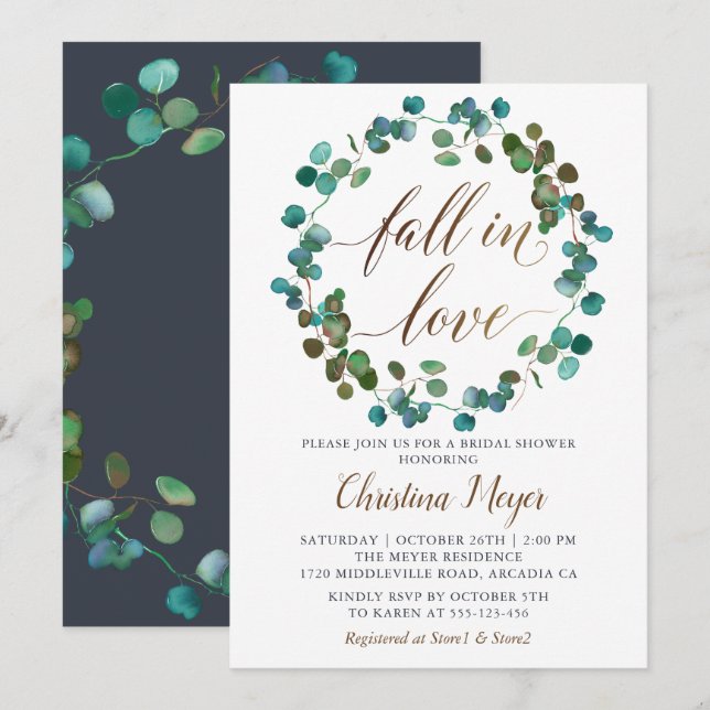 Autumn Greenery Wreath Fall in Love Bridal Shower Invitation (Front/Back)