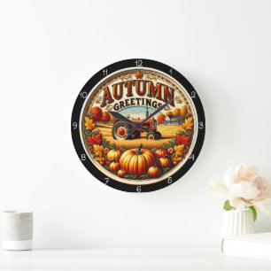Autumn Greetings Tractor Pumpkin Farm Large Clock