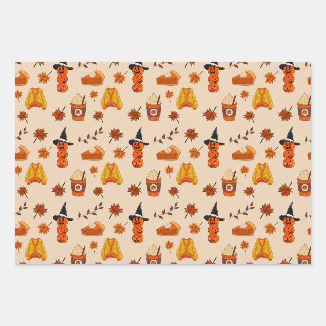 Autumn & Halloween Cozy Pattern Wrapping Paper Sheets (Front)
