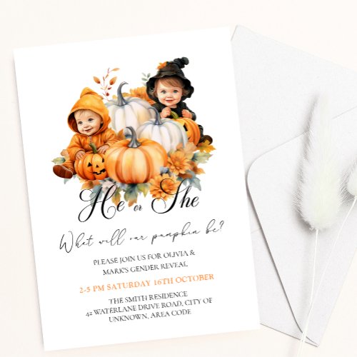 Autumn Halloween Pumpkin Baby Gender Reveal Invitation