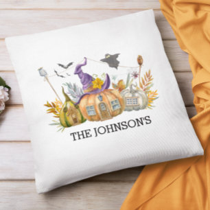 Autumn Halloween Pumpkin House Monogram  Throw Pillow