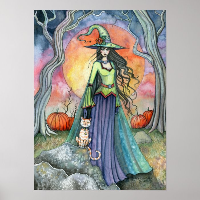 Autumn Halloween Witch Cat Art Poster Print