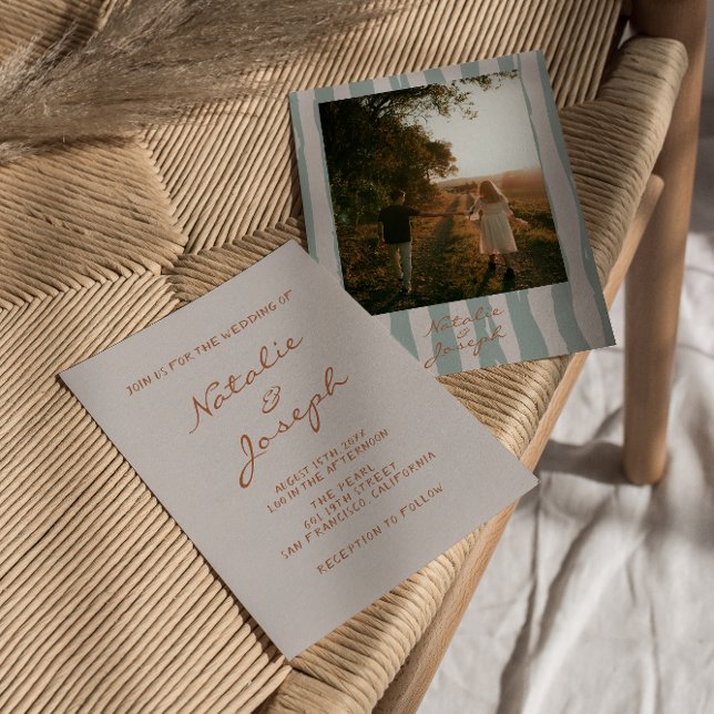 Autumn Hand Written Pinstripes Photo Wedding Invitation (Creator Uploaded)