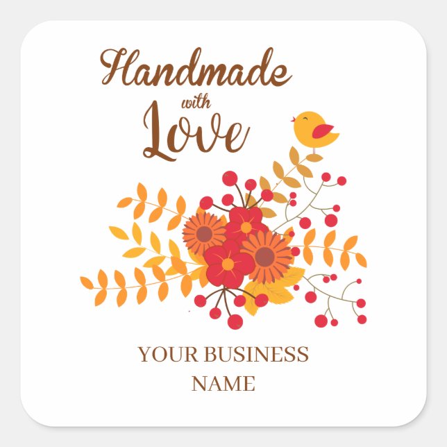 Autumn Handmade With Love With Branches & Bird Square Sticker (Front)
