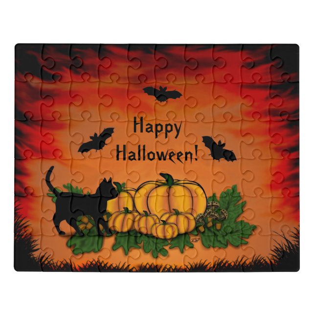 Autumn Happy Halloween! With Bat and Black Cat Jigsaw Puzzle (Puzzle Horizontal)