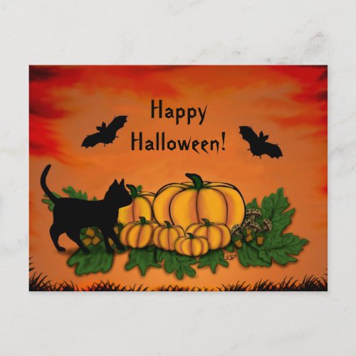 Autumn  Happy Halloween With Bat and Black Postcard