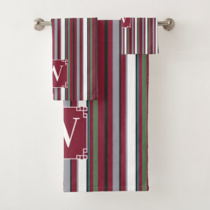 Autumn Harmony Stripes – Burgundy, Green, and Gray Bath Towel Set
