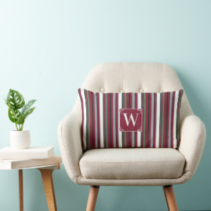 Autumn Harmony Stripes – Burgundy, Green, and Gray Lumbar Pillow