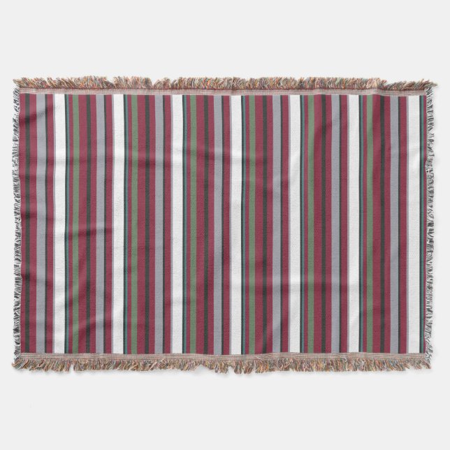Autumn Harmony Stripes – Burgundy, Green, and Gray Throw Blanket (Front)
