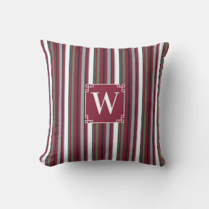 Autumn Harmony Stripes – Burgundy, Green, and Gray Throw Pillow