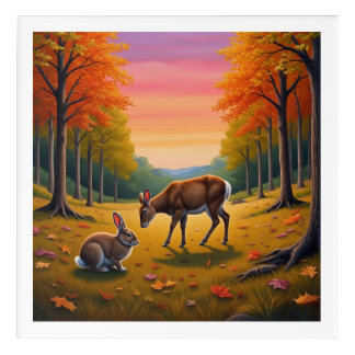 "Autumn Harmony: Sunset Forest with Deer & Rabbit Acrylic Print