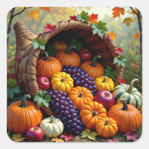 Autumn Harvest and Blessings Cornucopia Square Sticker