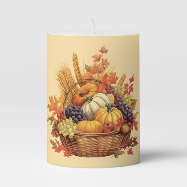 Autumn Harvest Basket Candle – Pumpkins, Grapes, C (Front)