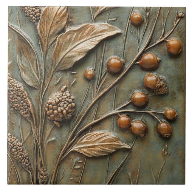 Autumn Harvest Botanical Berry Faux Relief  Ceramic Tile (Front)