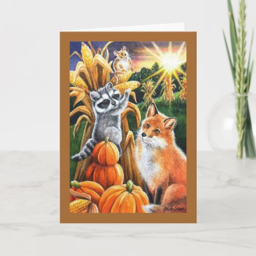 Autumn Harvest Corn Red Fox Raccoon Watercolor Art Card
