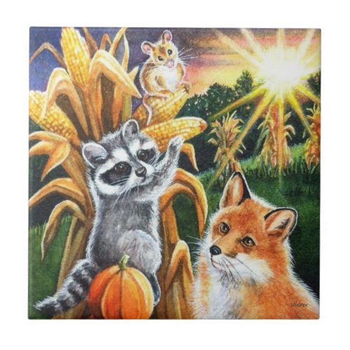 Autumn Harvest Corn Red Fox Raccoon Watercolor Art Ceramic Tile